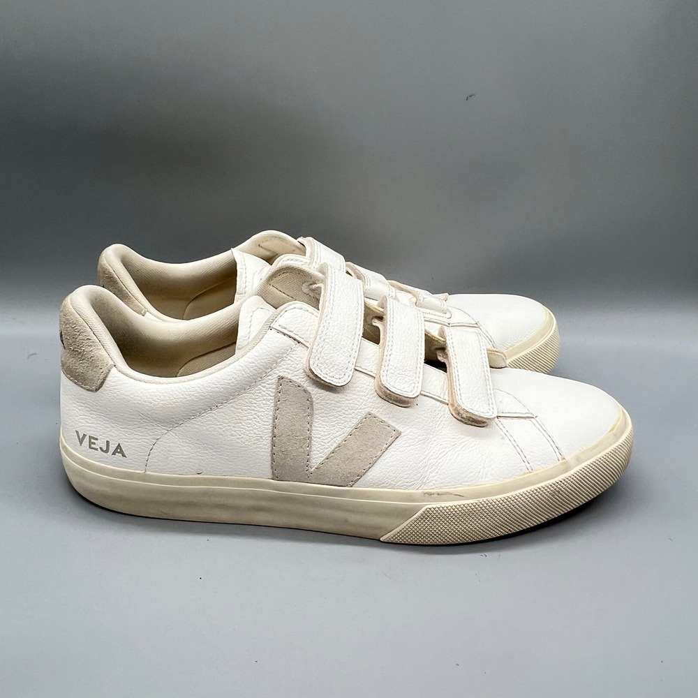 Veja Shoes Men 11 White Leather Recife Triple Strap Low Top Logo Sneakers Casual